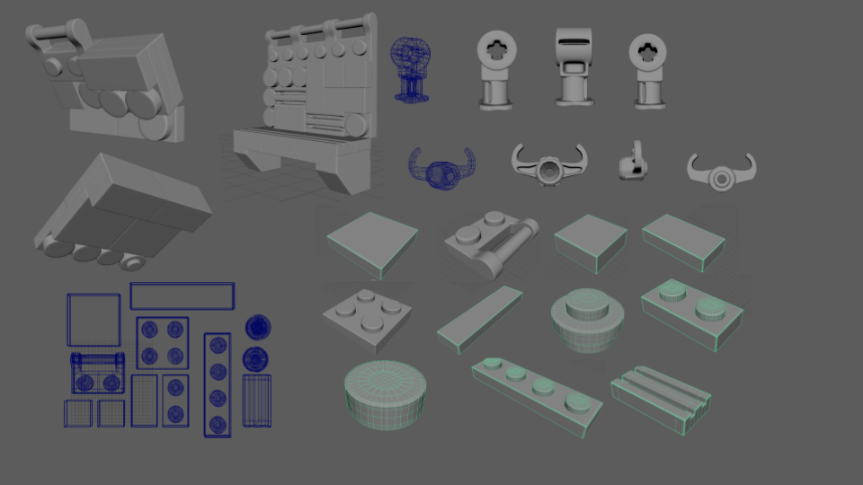 A collection of modeled Lego pieces